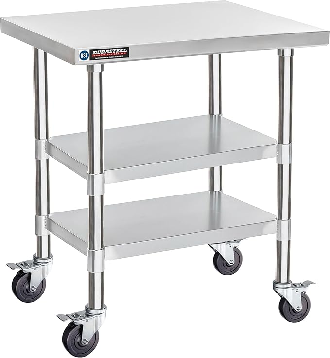 DuraSteel Stainless Steel Work Table 30" x 24" x 34" Height w/ 4 Caster Wheels - Food Prep Commercial Grade Worktable - NSF Certified - Good for Restaurant, Business, Warehouse, Home, Kitchen, Garage