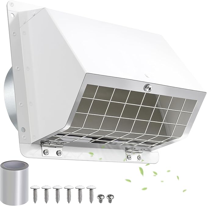 Dryer Vent Cover Outside 5 Inch,Dryer Vent Cover for Exterior Wall,External Extractor Wall Vent Exhaust Vent Cover with Screen and Damper,Dryer Vent Cap for Duct House Kitchen Range Hood AC,White