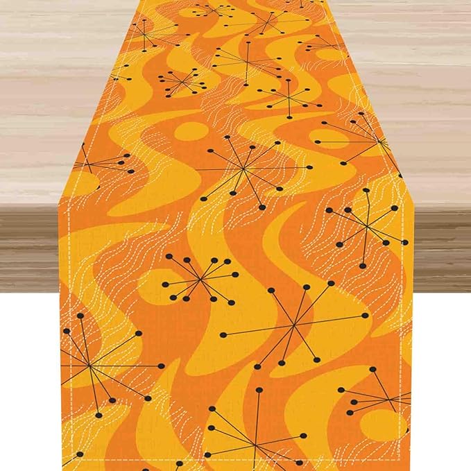 70s Table Runner, Retro Orange Wave Mid Century Atomic Print Abstract Hippie Coffee Table Center Decor for Home Kitchen Dining Patio Holiday Party Indoor Outdoor Table Decorations, 13"x108" Inch
