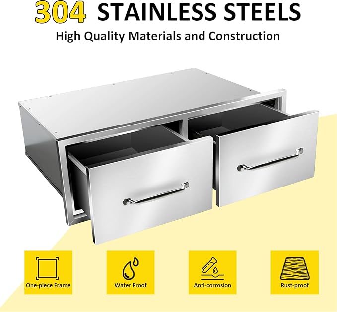 Outdoor Kitchen Drawers 30" W x 10" H x 20" D Flush Mount Horizontal Double Drawers with Chrome Handle,Stainless Steel Built-in BBQ Drawer for Outdoor Kitchen Island, Patio Grill Station