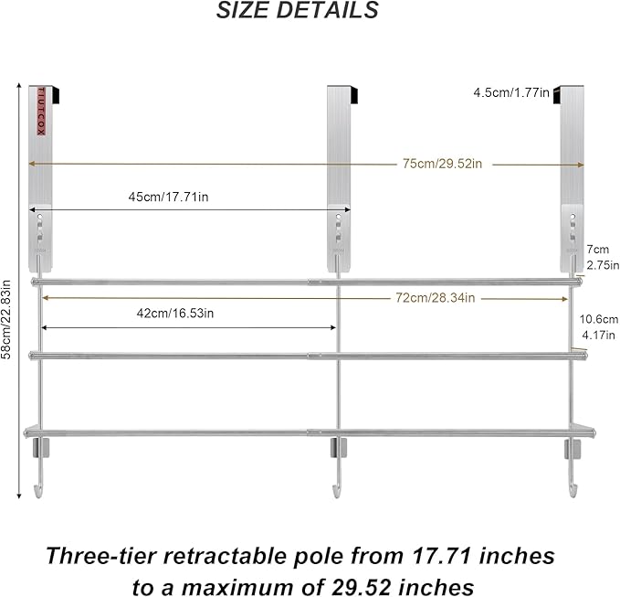 Over The Door Towel Rack, 304 Stainless Steel Towel Racks for Bathroom with 3-Tier Adjustable Pole, 2 Punch-Free Screw Stickers, 22.83 * 17.71-29.52 * 6.14 Inch, Silver