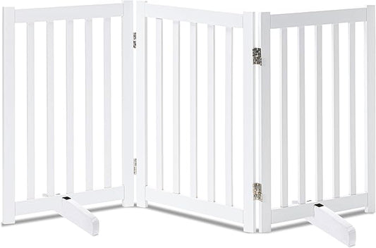 LZRS Freestanding Dog Gate 30 inch Tall - 3 Panels Solid Wooden Pet Gate for Doorways, Stairs & Hallways, Expandable & Foldable with Support Feet，Indoor Use,White