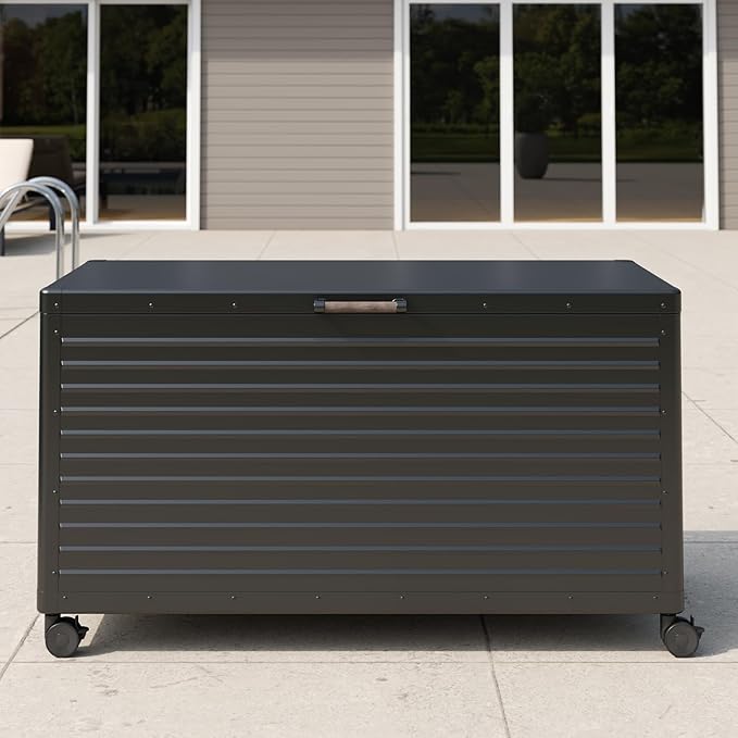MIRADOR 175 Gallon Outdoor Storage Box Waterproof, Metal Deck Box with wheels for Patio Furniture, Garden Tools, Outdoor Cushion, Charcoal