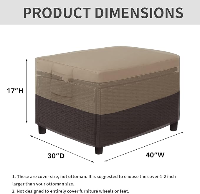 Easy-Going Outdoor Ottoman Cover, Waterproof Patio Ottoman Cover, Heavy Duty Outdoor Furniture Cover with Padded Handles (40"x30"x17", Camel/Dark Brown)