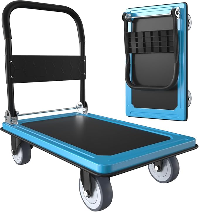 WUD Push Cart, Folding Mobile Platform Trolley,Thickened and Reinforced, 360° Swivel Wheels,35.4 “L x 23.6 ”W, 1100 lb. Blue Dolly cart with Wheels