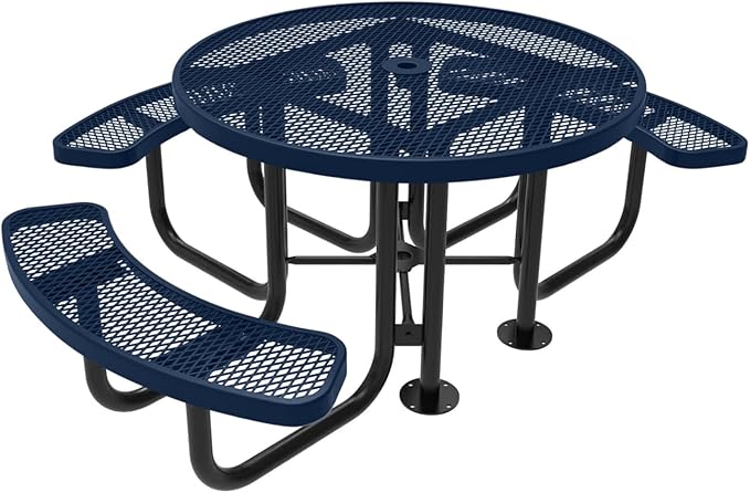 COATEDOUTDOORFURNITURE Heavy-Duty Portable Outdoor Picnic Table with Umbrella Hole, Expanded Metal Patio Dining Furniture Made in America (46" Round Top, Textured Dark Blue)