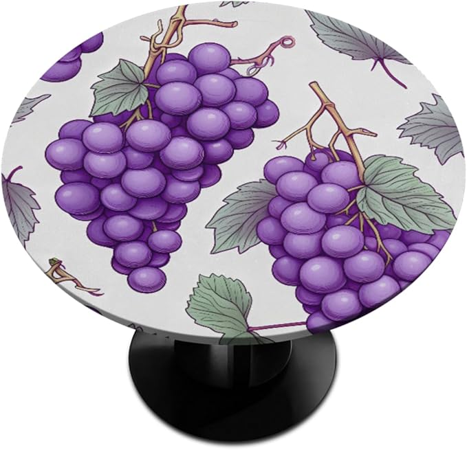 Grape Fruit Purple Leaves Round Table Cloth Cover, Elastic Edge Waterproof Wipeable Tablecloths 45"-56" Polyester Tablecloth for Party Restaurant Banquet Holiday Camping Outdoor Picnic