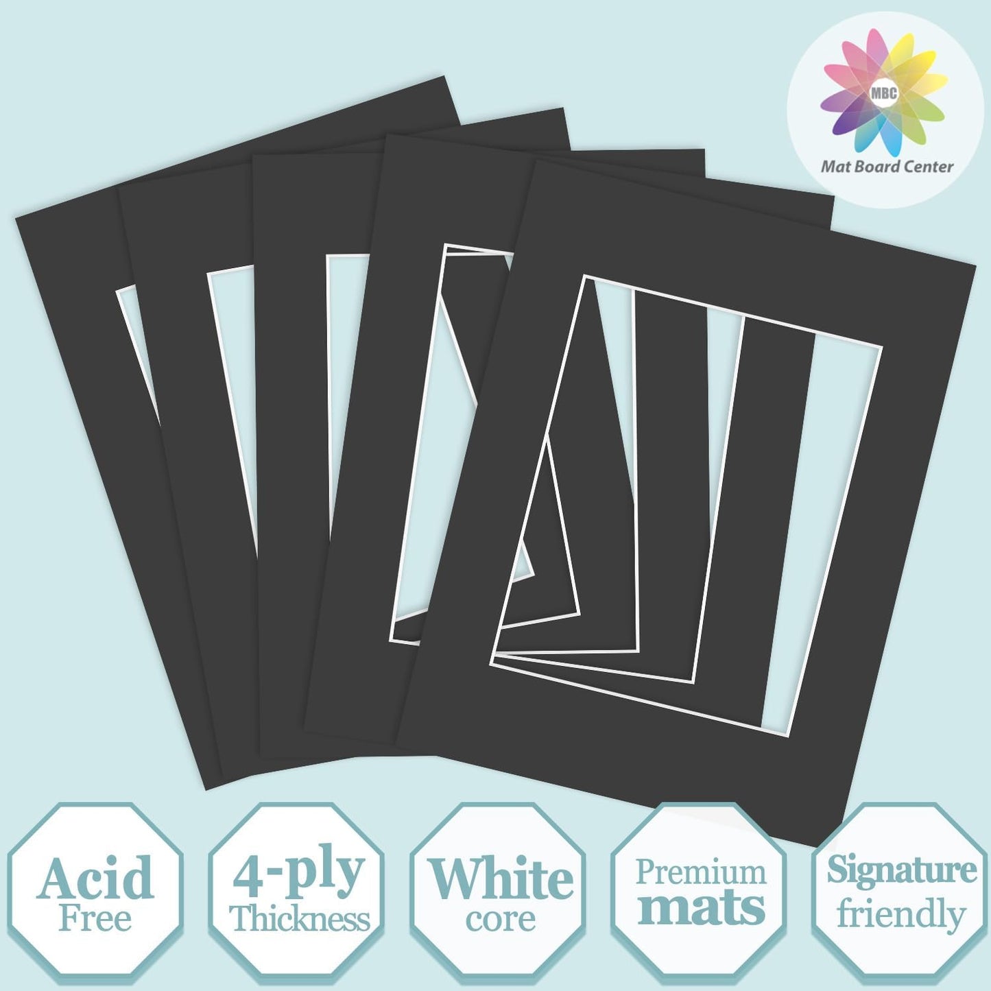 MBC Mat Board Center, 5 Pack 12x16 for 8.5x11 Black Picture Mats Frame Mattes, Bevel Cut, Acid Free, 4-ply Thickness
