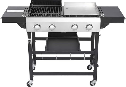 2-Burner Hybrid Grill with Flat Top, 38200 BTU for Backyard & Patio, Perfect for BBQ and Teppanyaki, Features Large Cooking Area & Durable Enamel Construction (2+2 PLANCHA)