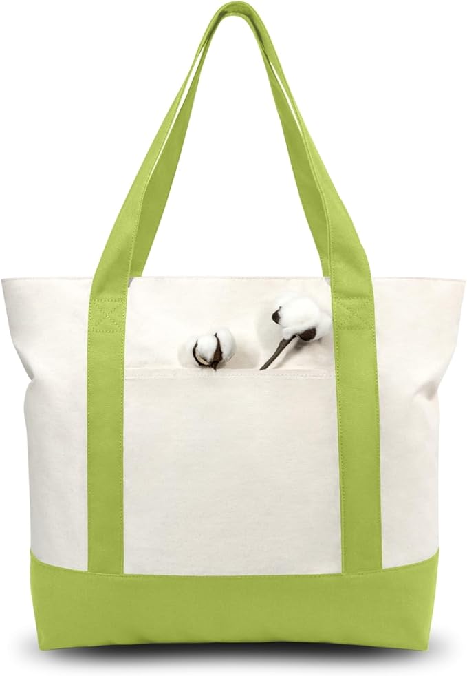 TOPDesign 6-Pack Canvas Tote Bags with an External Pocket, Reusable Grocery Shopping Bags, Top Zipper Closure, Daily Essentials (Light Green/Natural)