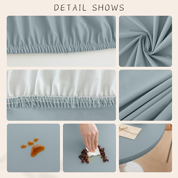 Round Fitted PU Tablecloth with High Elastic Edge 59 Inch Dia Waterproof Oil Proof Table Cloth Anti-Scald Stain-Resistant Wipeable Table Cover for Indoor Outdoor Picnic (Blue,59" Dia)