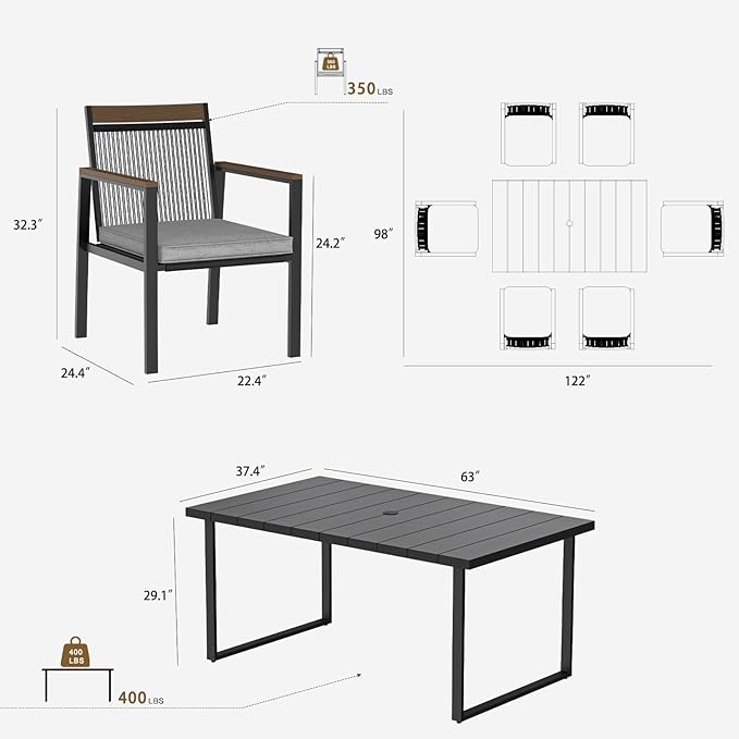 7-Piece Patio Dining Table and Chair Sets, Outdoor Metal Dining Furniture Set with Umbrella Hole, Wood Grain Tabletop, 6 Rope Patio Chairs with Faux Wood Armrest & Cushions for Backyard, Deck