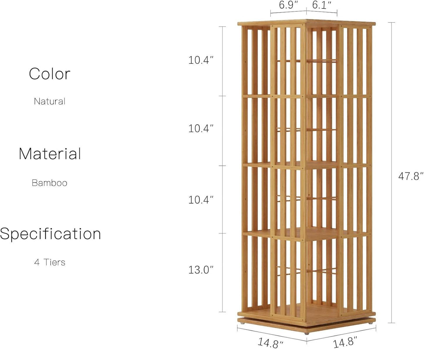 YOWOS Rotating Bookshelf Tower, 360 Display Spinning Bookcase, Bamboo Bookshelf Floor Standing Storage Rack, Wood Narrow Book Shelf Organizer for Kids&Adults (Nature, 4 Tier)