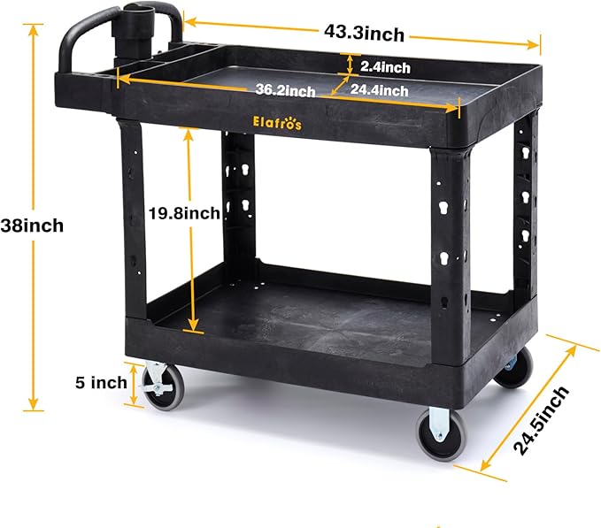 ELAFROS Extra Large Heavy Duty Plastic Utility Work Cart 43.5 x 24.6 Inch – 2 Tier Work Cart with Deep Tub Shelves, Ergonomic Handle, 5 Inch Casters, 550 lbs Capacity, Black