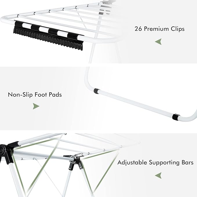 GOFLAME 2-Tier Clothes Drying Rack, Folding Laundry Dry Rack with Adjustable Supporting Bar, 26 Premium Clips, Space-Saving & Collapsible Laundry Hanger for Easy Storage, No Assembly Needed