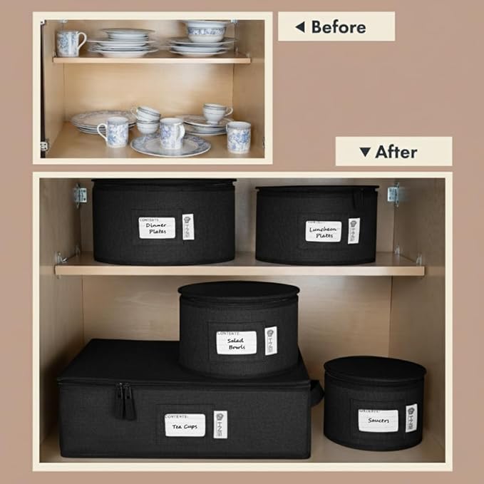 China Storage Hard Shell Containers 5-Piece Set Moving Boxes for Dinnerware, Glasses, Plates, Mugs and Saucers Sturdy Dish Organizer with Dividers for Seasonal Storage - Service for 12 - Black Quilted