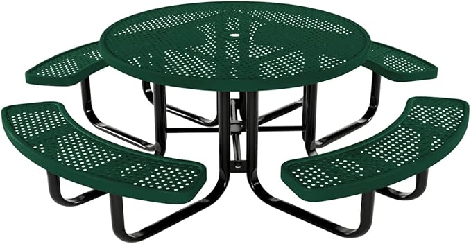 COATEDOUTDOORFURNITURE Heavy-Duty Portable Outdoor Kids Table with Umbrella Hole, Punched Steel Kids Picnic Table, Commercial-Grade, Made in America (46 in, Round, Childrens, Textured Green)