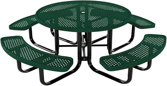 COATEDOUTDOORFURNITURE Heavy-Duty Portable Outdoor Kids Table with Umbrella Hole, Punched Steel Kids Picnic Table, Commercial-Grade, Made in America (46 in, Round, Childrens, Textured Green)