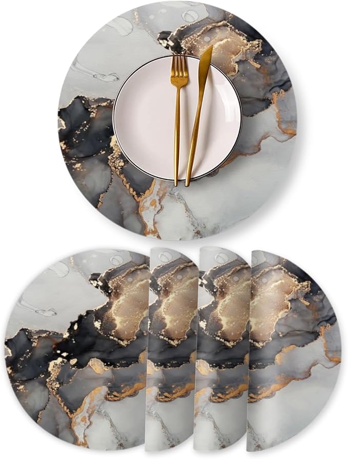 Round Placemats Set of 4,Grey-Gold Marble Ding Table Placemat Easy to Clean Heat-Resistant Waterproof Non-Slip Place Mats Kitchen Decor for Housewarming Gift,13inch