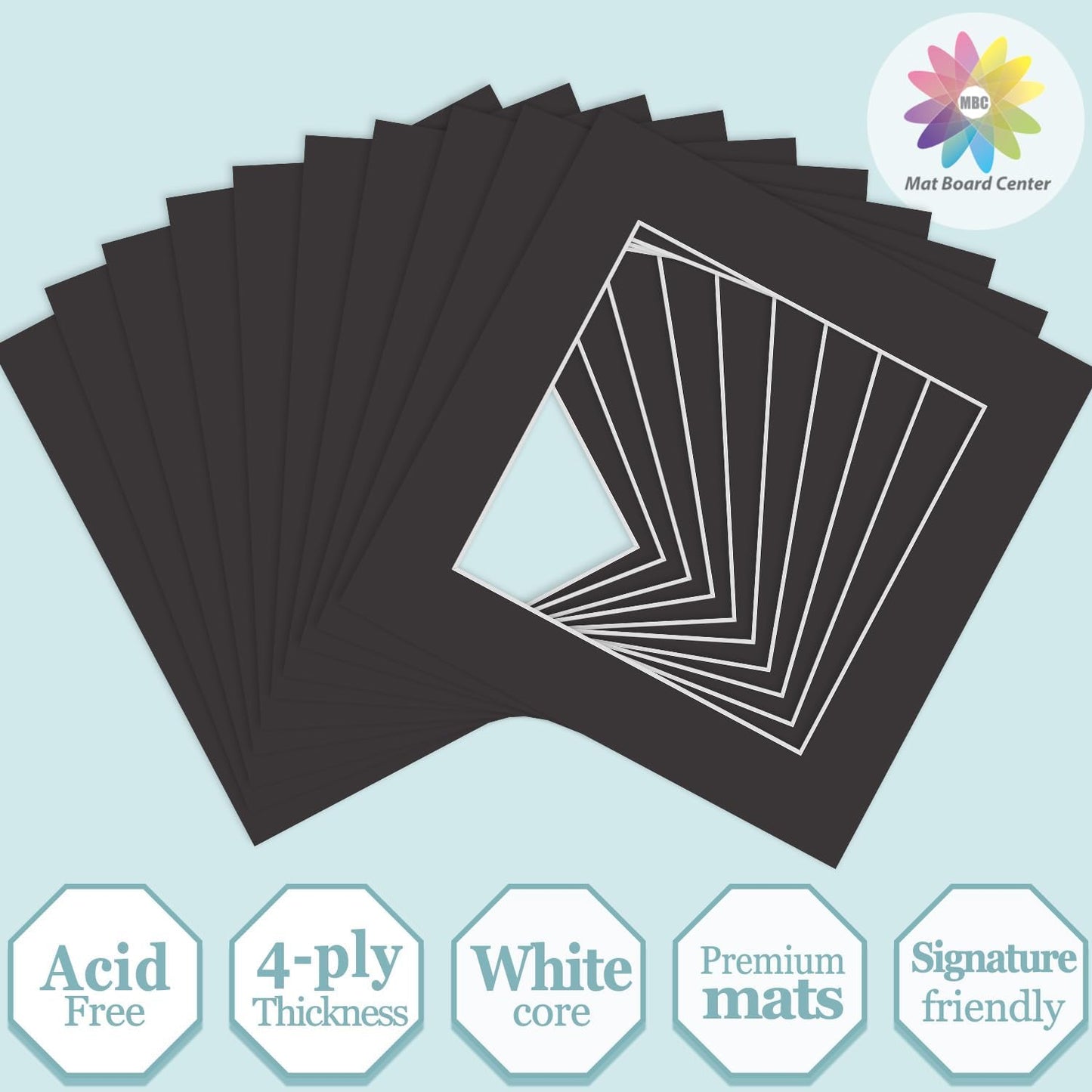 MBC Mat Board Center, 10 Pack 8x8 for 6x6 Black Picture Mats Frame Mattes, Bevel Cut, Acid Free, 4-ply Thickness