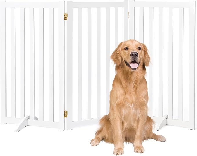 36" Height Extra Tall Freestanding Pet Gate, Solid Wood Folding Safety Fence Wooden Dog Gate with 2 PCs Support Feet Ideal for Stairs, Doorways, Halls, Kitchens, Heavy Duty Gates, 3 Panels, White