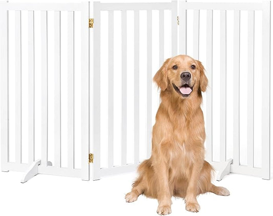 36" Height Extra Tall Freestanding Pet Gate, Solid Wood Folding Safety Fence Wooden Dog Gate with 2 PCs Support Feet Ideal for Stairs, Doorways, Halls, Kitchens, Heavy Duty Gates, 3 Panels, White