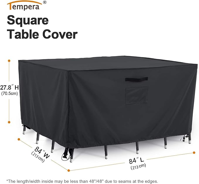 Tempera Outdoor Dining Set Cover for Outside Table and Chairs, Square Patio Table Covers for Outdoor Furniture, Anti-Fading, Windproof, 84''L x 84''W x 27.8''H, Grey