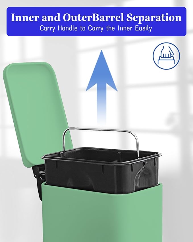 Bathroom Trash Can, 1.3 Gallon Small Trash Can with lid, Stainless Steel Garbage Can Soft Close Lid, Removable Liner Bucket, Step Pedal Waste Bin for Bathroom, Office, RV, Bedroom, Green