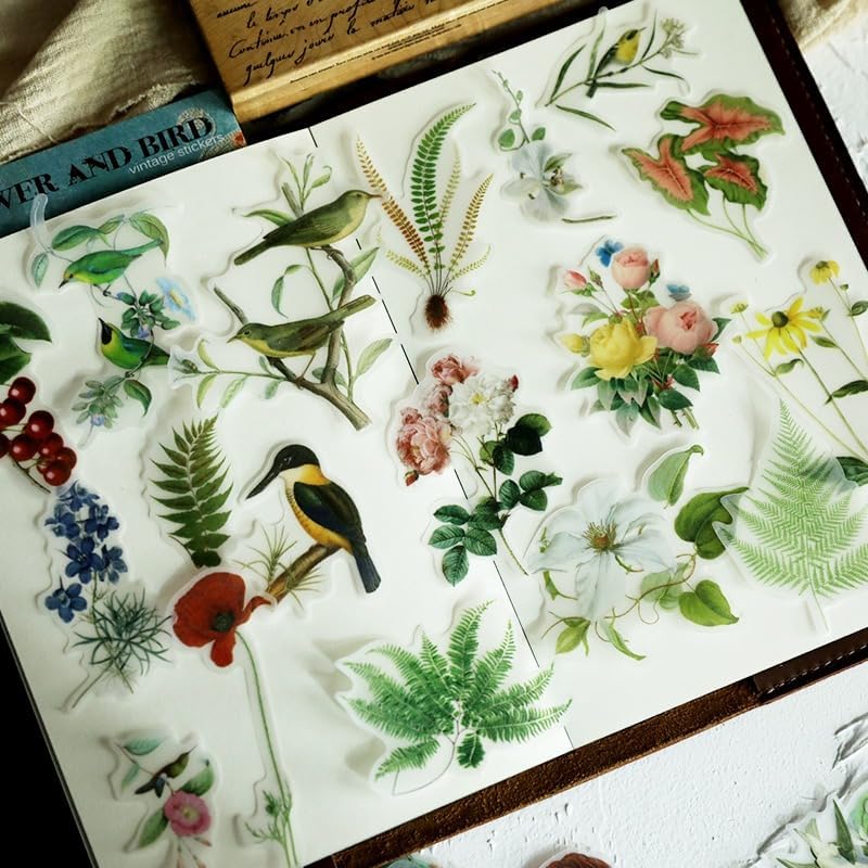 Vintage Vellum Stickers Floral Plants Elements Scrapbooking Supplies Flowers Botanic Natural Translucent Paper Self-Adhesive Junk-Journal Items (Bird Patterns)