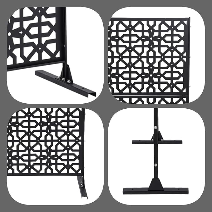 Outdoor Metal Privacy Screen with Stand, 35.4" W x 75" H Freestanding Metal Slatted Decorative Privacy Screen and Panels for Patio Garden Balcony Porch (Black Polygonal)