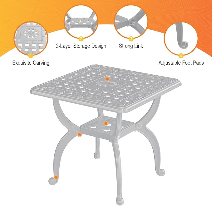 Cast Aluminum Outdoor Side Table, All Weather Square Bistro Table, Outdoor Coffee Table, Small End Table for Patio, Indoor, Lawn, Garden, White