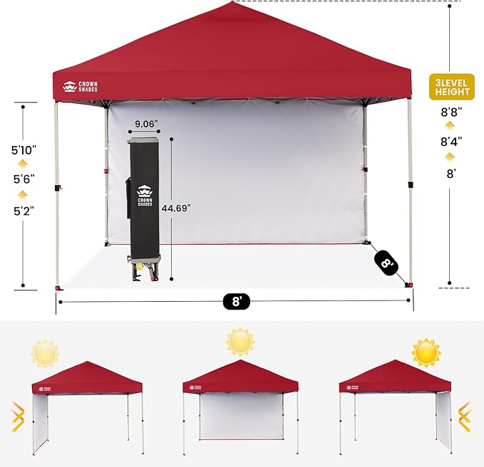 CROWN SHADES 8x8 Pop Up Canopy with 1 Side Wall - Beach Tent with One Push Setup - Outdoor Sun Shade for Events, Parties, Camping - Gazebo with STO-N-Go Cover Bag (Red)