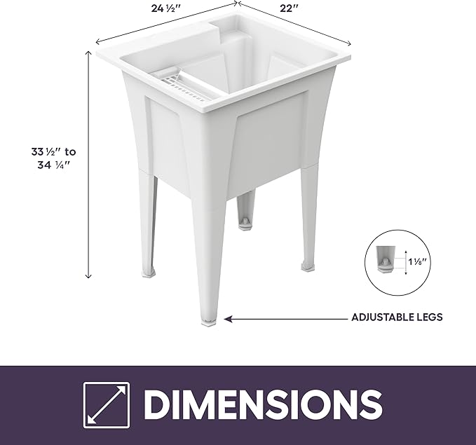 Freestanding Utility Sink with Two Handle Chrome Faucet - 24" Plastic Utility Sink for Garage, Laundry, Indoor and Oudoor Use - Laundry Tub Kit by Noah William Home - White (19.5 gal)