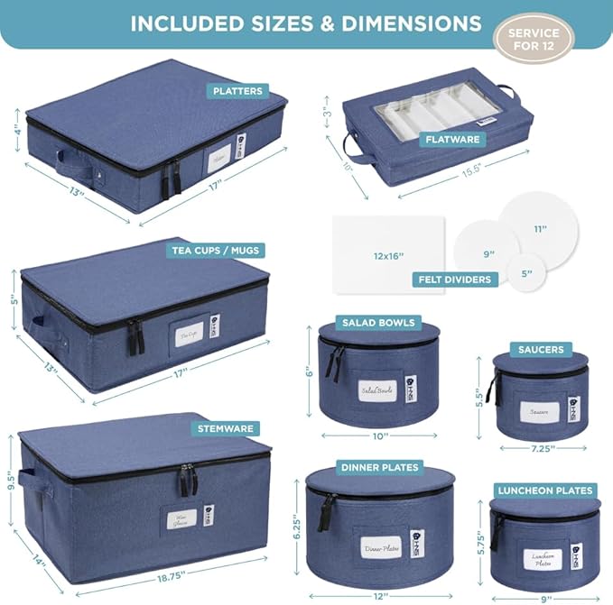 China Storage Hard Shell Containers 8-Piece Set Moving Boxes for Dinnerware, Glasses, Plates, Mugs and Saucers Sturdy Dish Organizer with Dividers for Seasonal Storage - Service for 12 - Denim Blue