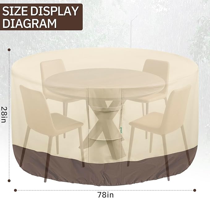 Round Patio Furniture Covers, 78" DIA x 28 H Waterproof Outdoor Furniture Cover for Patio Table & Chair Sets, 600D Heavy-duty UV-Resistant Fade-Proof Protection, Beige & Brown