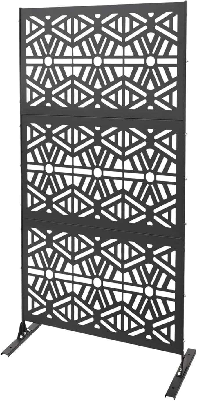 75" H×35" W Decorative Outdoor Privacy Screen with Stand, Outdoor Decor Privacy Fence Screen Metal Fence Panels, Free Standing Metal Divider for Patio Lawn Deck (Black-Rhombus)