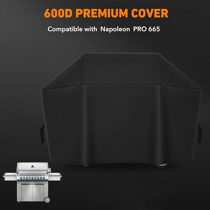 Heavy Duty 600D Polyester Cover Compatible with Napoleon 61665 PRO 665 Grill, Water Resistant Outdoor BBQ Cover, Weather Protection, Black