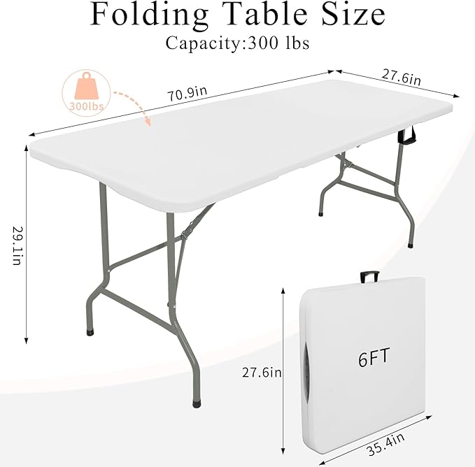Set of 2 Folding Tables with Carrying Handle Lightweight Rectangular Portable Plastic Camping Table Steel Legs for Party, Dining, Wedding, Events, Picnic Indoor, Outdoor (5.85FT, White)