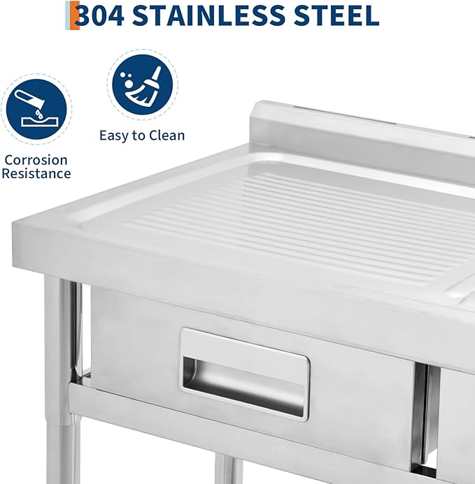 Freestanding Stainless Steel Utility Sink with Workbench, Left Drawer,39" Commercial Kitchen Sink with Faucet, Hot & Cold Water, Storage Shelf, S-Hook,Knife Holder, Adjustable Leg for Indoor Outdoor