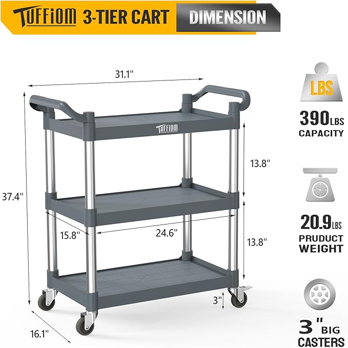 TUFFIOM 3-Tier Plastic Service Utility Cart with Wheels,Heavy Duty 390lbs Capacity,Commercial Rolling for Restaurant, Foodservice, Office, Warehouse, Gray 34.8''L x 17.4''W x 38.6''H