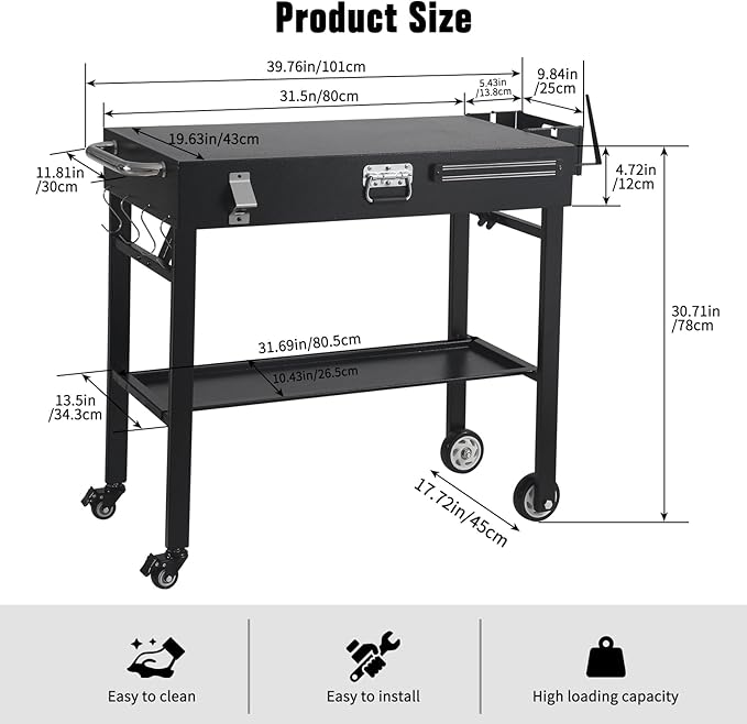 Portable Grill Cart for Blackstone Griddle with Lock, Shelves & Caddy - Fits 17 or 22 Inch Grills, Foldable Outdoor Cooking Stand for Outdoor Tailgate and Camping, Black