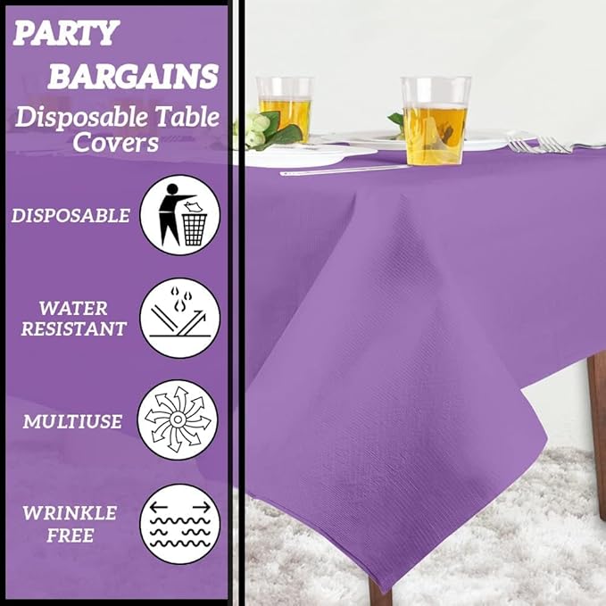 PARTY BARGAINS 5 Disposable Table Covers - 54" X 108" Purple Table Cover, 3 Ply Paper & Plastic Tablecloth