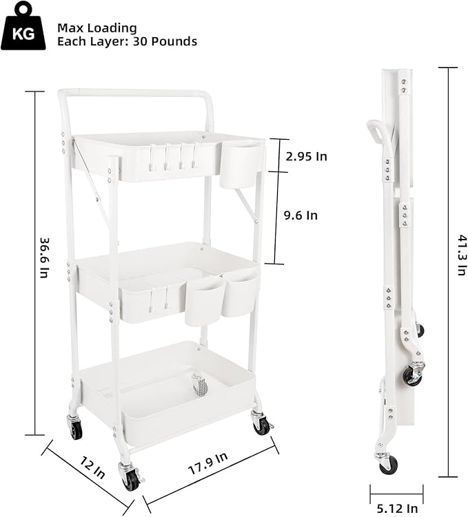 3-Tier Folding Rolling Utility Cart with Wheels, Foldable Storage Cart Organizer with 3 Hanging Cups & 6 Hooks for Kitchen, Office, Living Room, Nursery(White)