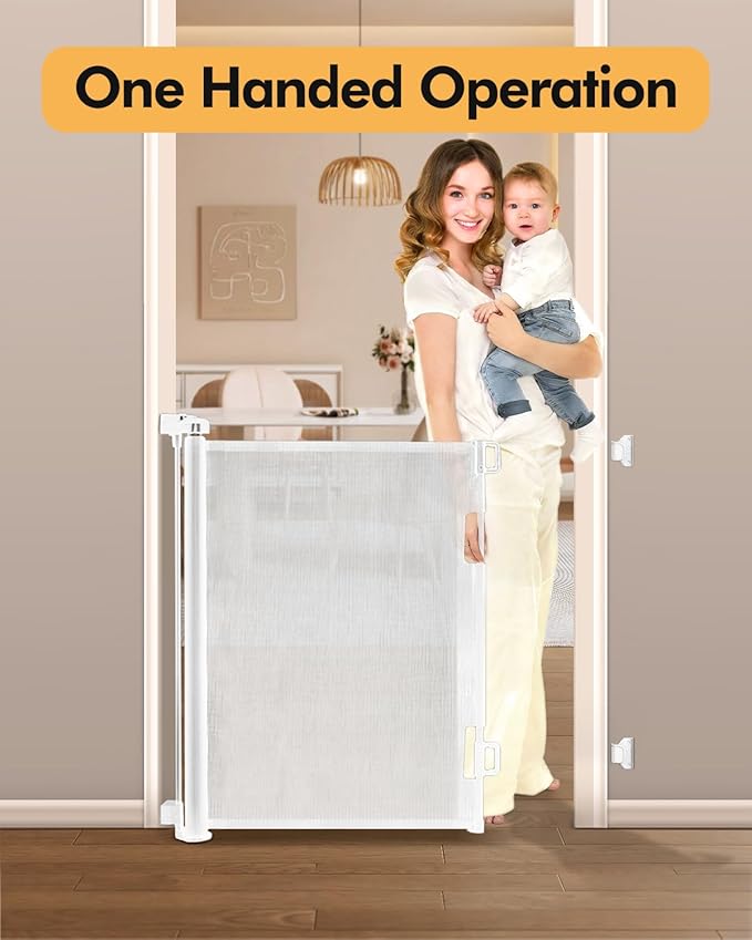 Retractable Baby Gate for Stairs & Doorways, 55" Wide x 33.6" Tall Easy Installation Mesh Dog Gate for Indoor & Outdoor Use,Pet and Dog Safety Gate for Hallways(White)
