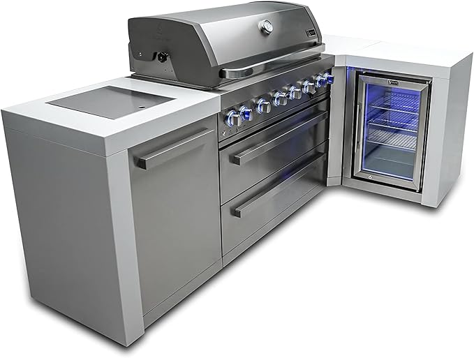 Mont Alpi MAi805-D90FC 44-inch 6-Burner 115000 BTU 90 Degree Corner Deluxe Stainless Steel Gas Outdoor Barbecue Island Grill w/Lockable Compact Refrigerator + Infrared Side Burner + Rotisserie Kit
