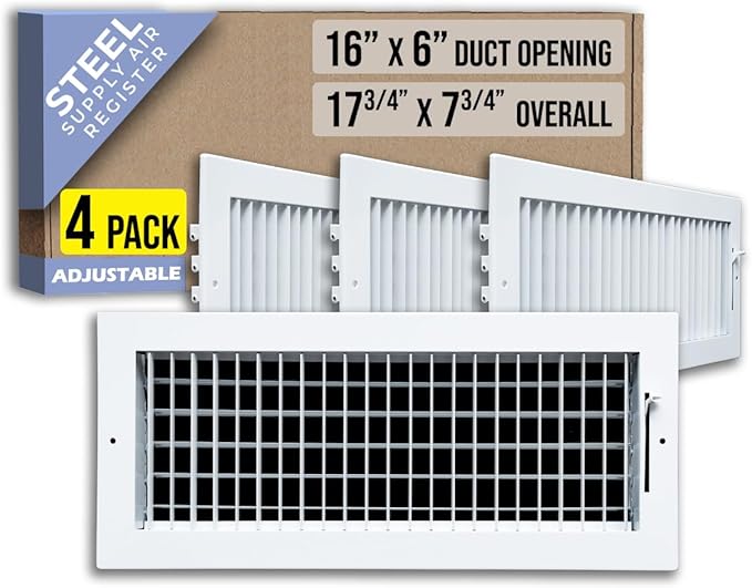 [4 Pack] Fits 16x6 Duct Opening Steel Adjustable Air Supply Grille by Handua | Register Vent Cover Grill for Sidewall and Ceiling | White | Out. Dim.: 17.75" X 7.75"