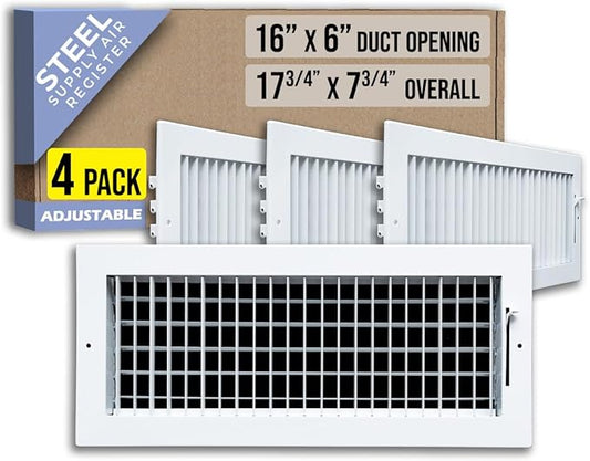 [4 Pack] Fits 16x6 Duct Opening Steel Adjustable Air Supply Grille by Handua | Register Vent Cover Grill for Sidewall and Ceiling | White | Out. Dim.: 17.75" X 7.75"