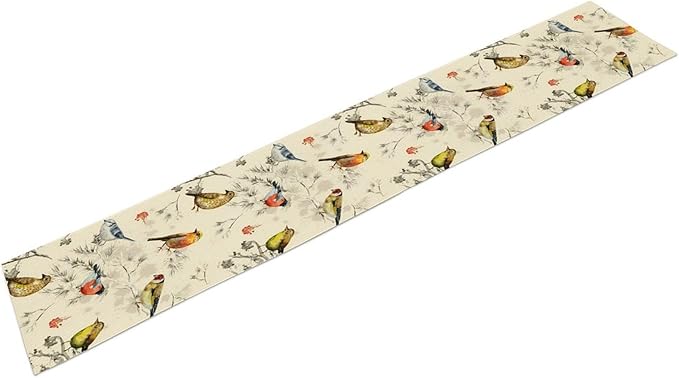 Vintage Bird Table Runner,Watercolor Winter Perching Birds Table Decoration for Kitchen Dining Table Holiday Indoor Outdoor Home Party Decor 13x90in