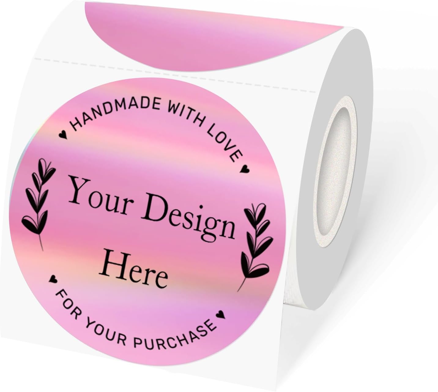 3" Circle Holographic Thermal Label Stickers Pink, Round Printable Rainbow Thermal Sticker for Gift Wrapping, Self-Adhesive/Perforation Line Design