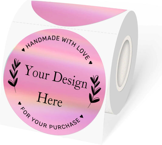 3" Circle Holographic Thermal Label Stickers Pink, Round Printable Rainbow Thermal Sticker for Gift Wrapping, Self-Adhesive/Perforation Line Design